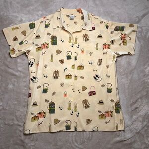 Beausilk Shirt Mens L Cream Travel AOP Short Sleeve 100% Silk Loop Collar Resort